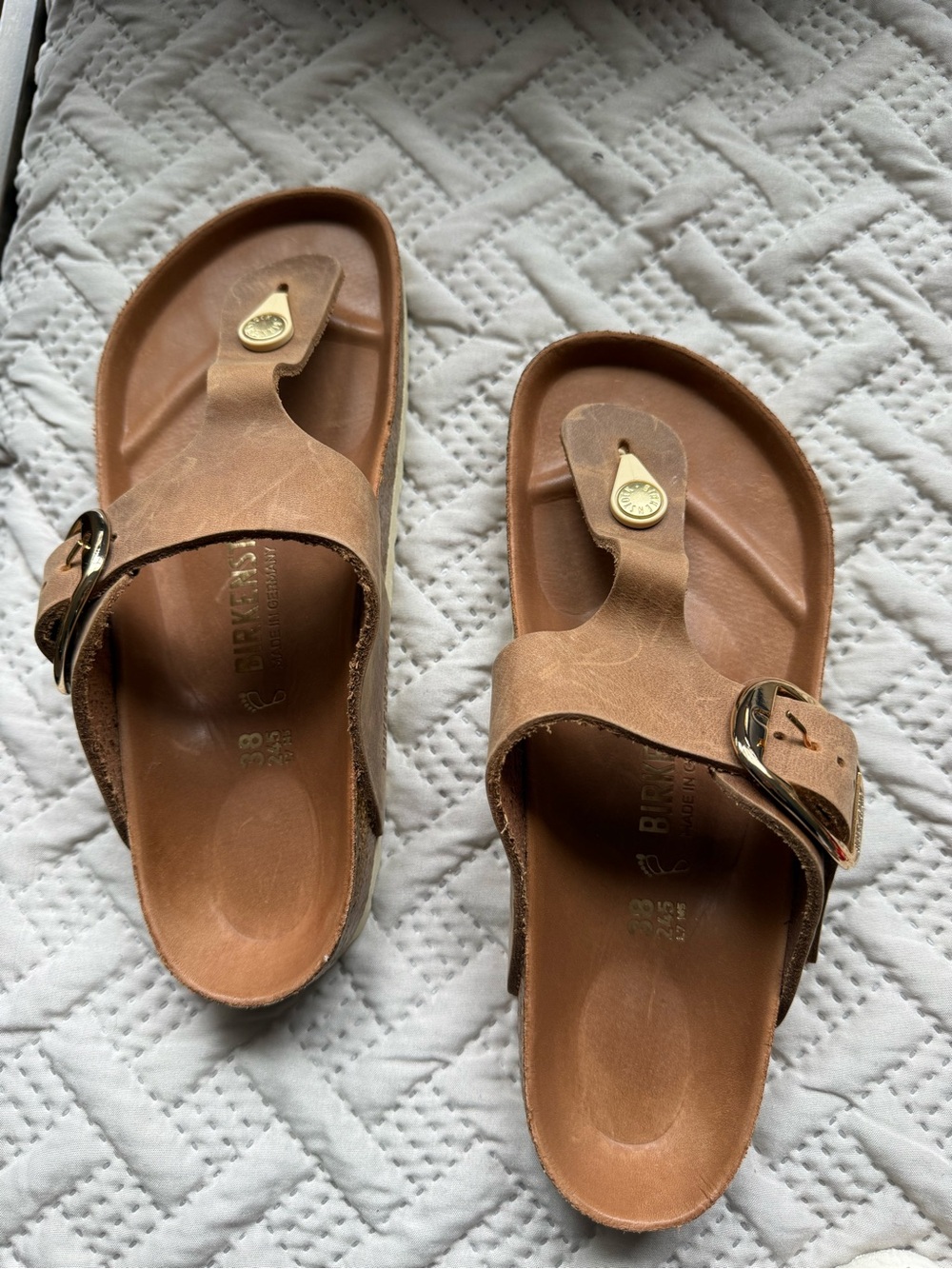 Birkenstock Big Buckle Tan Leather Slide Sandals with Gold Buckles - Picture 5 of 8